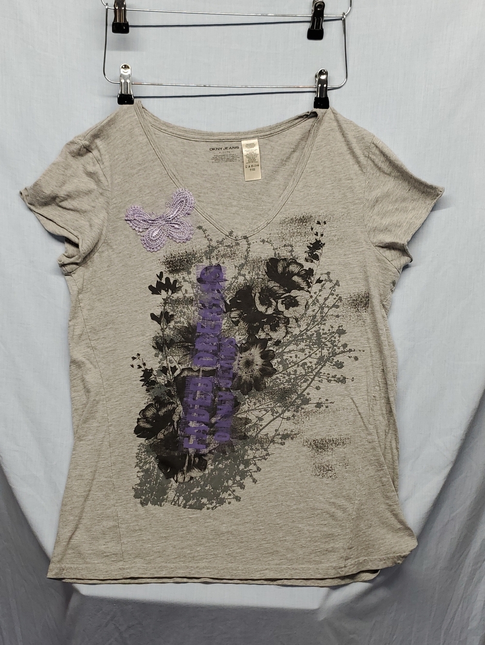 DKNY Light Gray Short Sleeve Tee with Purple Crochet Butterfly #247